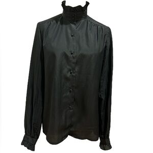 70s ALEXANDRIA BLACK  RUFFLE HIGH COLLAR PLEATED BISHOP SLEEVES BLOUSE GOTH SZ 8